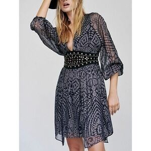 Free People NWOT Moonbelt Mini Dress Navy Silver Black Festival Size 2 Boho Chic